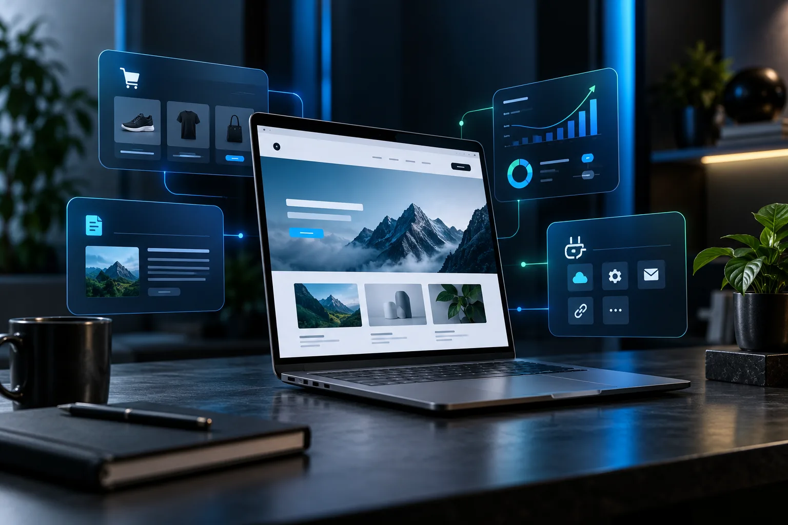 Laptop displaying modular website platform features